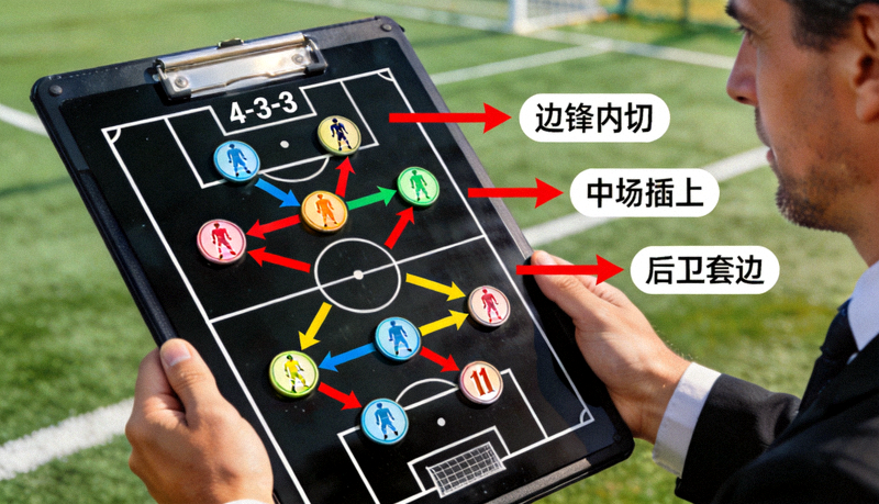 教练战术板上的足球阵型与跑位示意