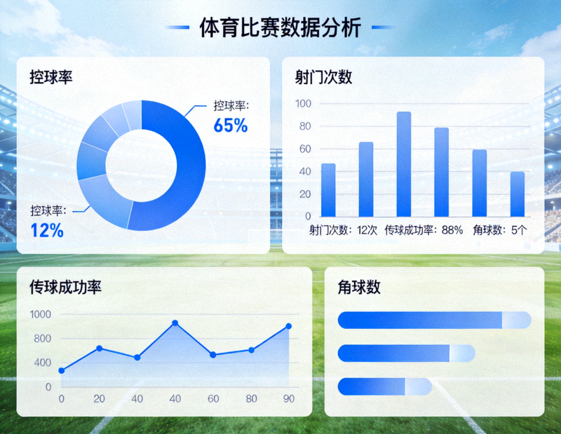 体育比赛数据分析界面，展示控球率、射门次数等统计图表